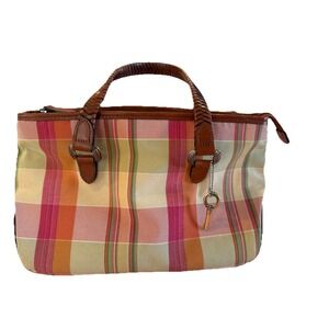 Y2K Fossil Canvas & Leather Tote Bag Patchwork Stripe Boho Purse Key Charm